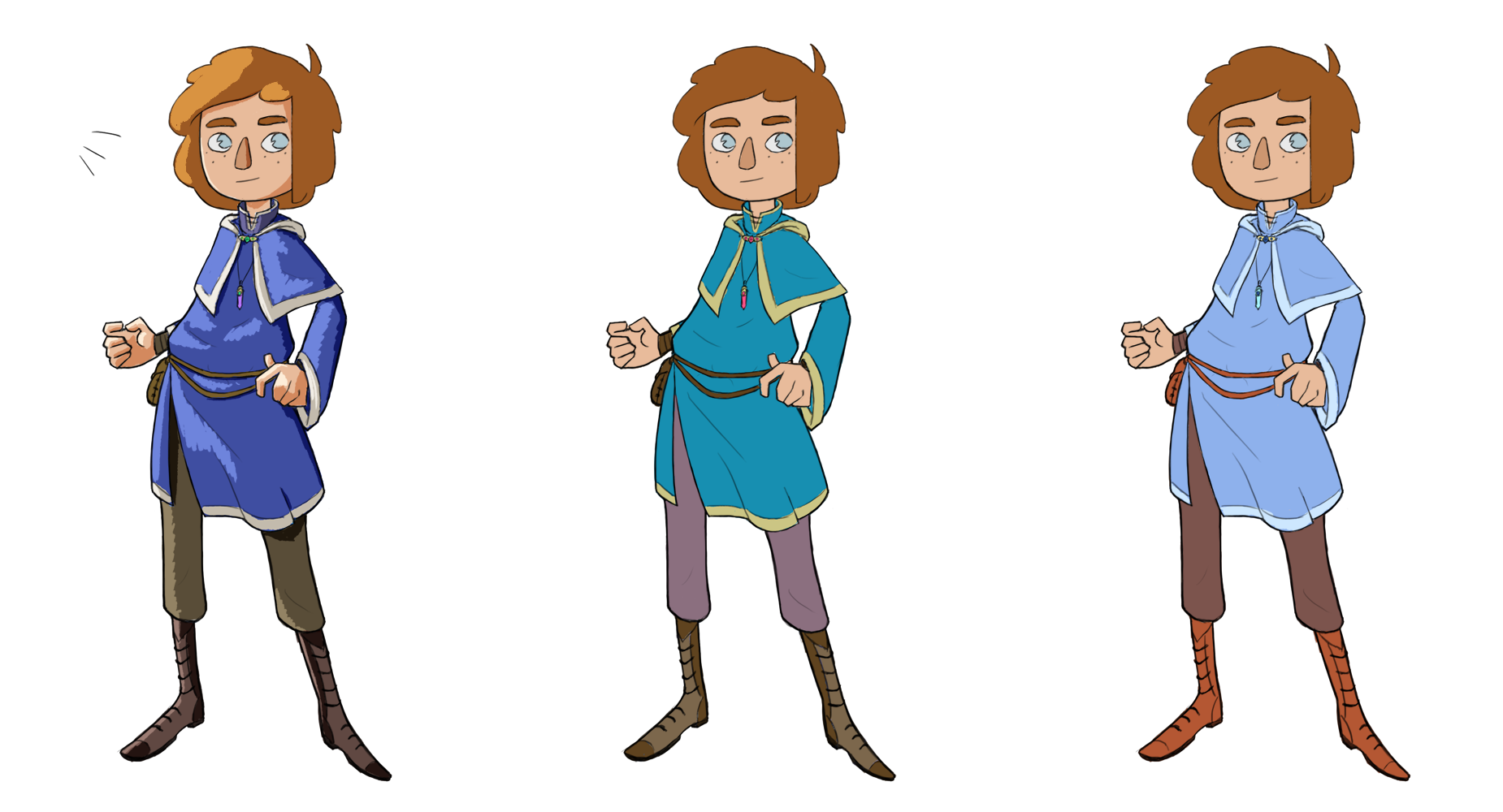 Three colour schemes for a young wizard's apprentice character.